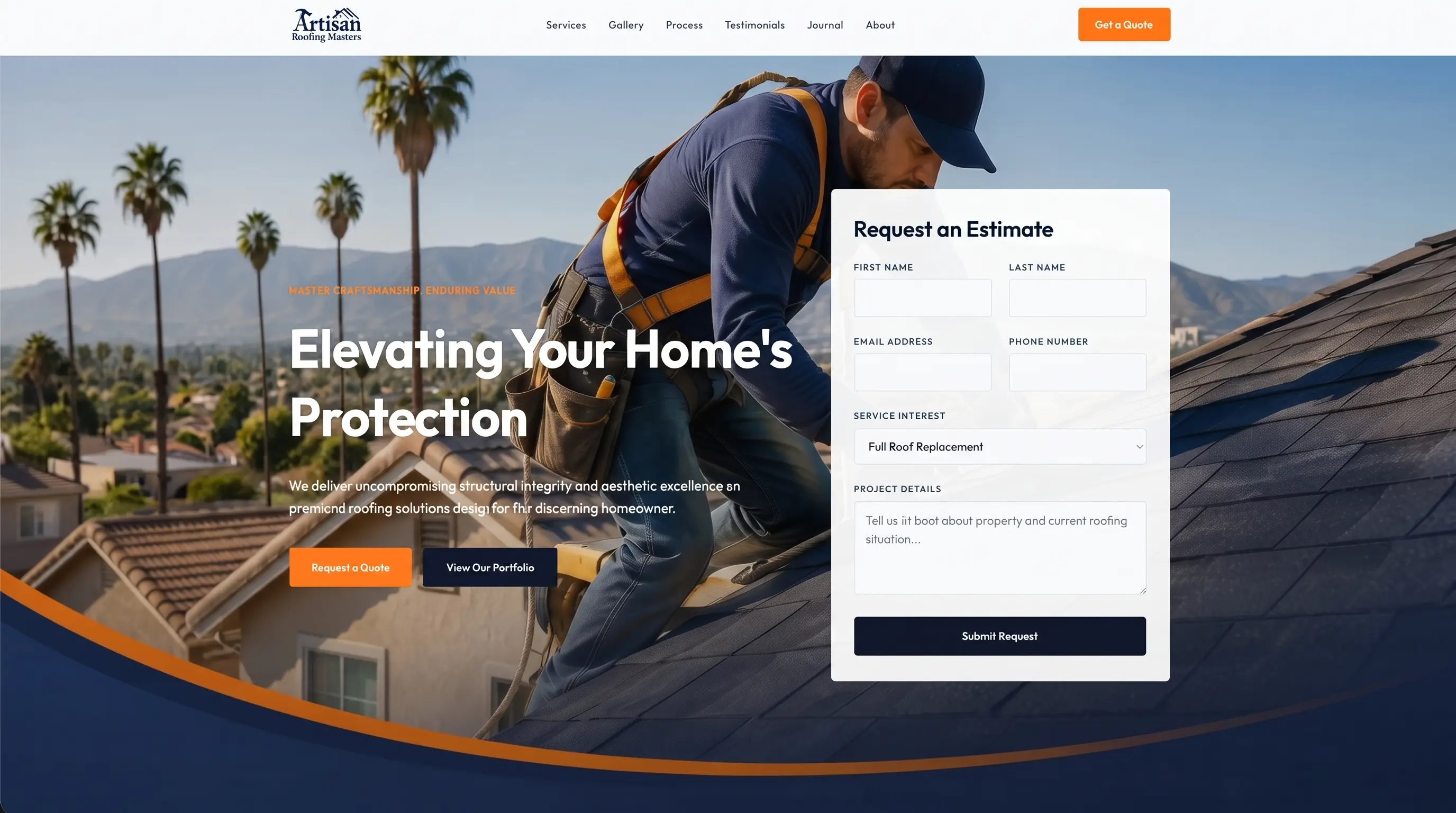 Artisan Roofing Masters service website preview with premium blue, orange, and neutral accents