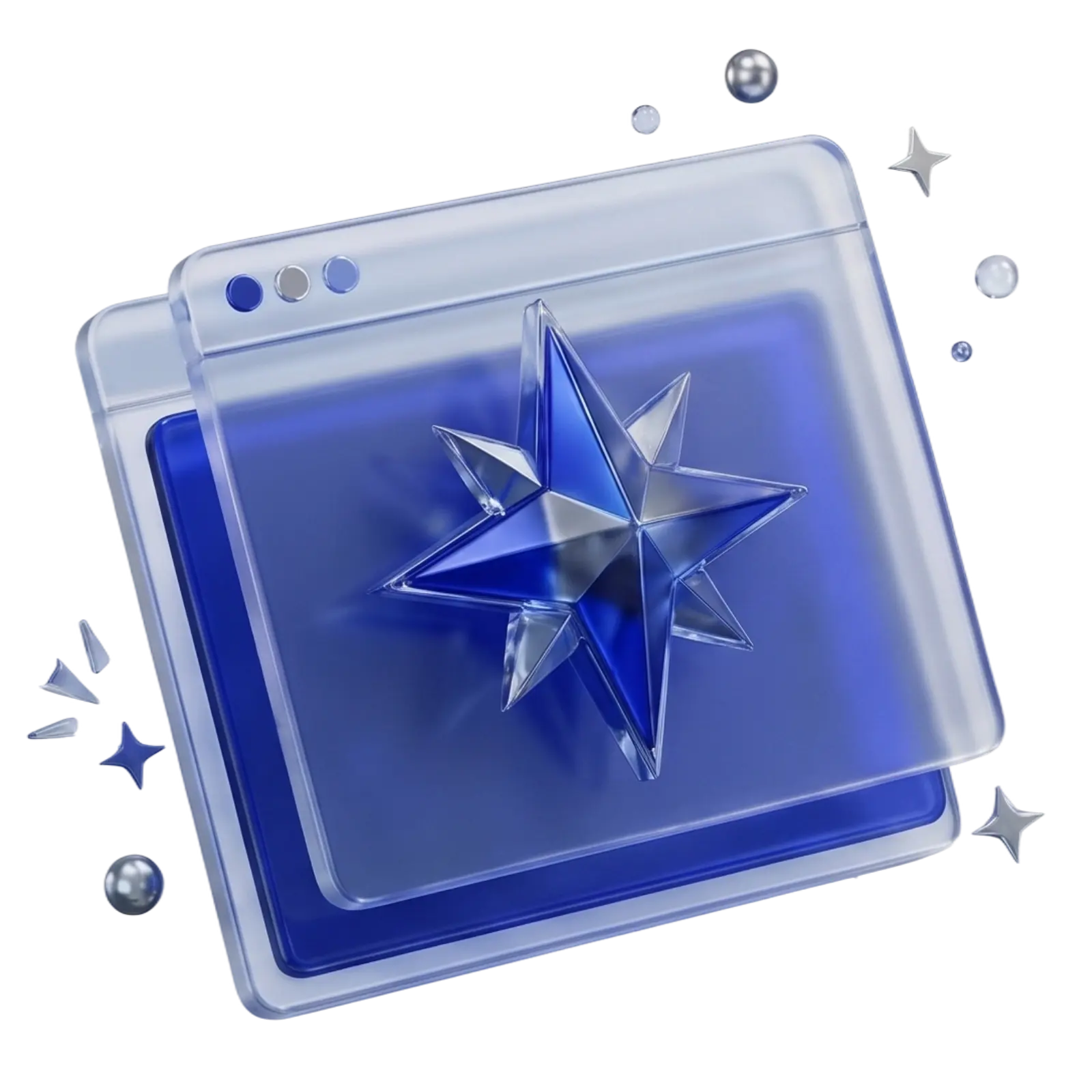 Blue and silver website windows with a sculpted star