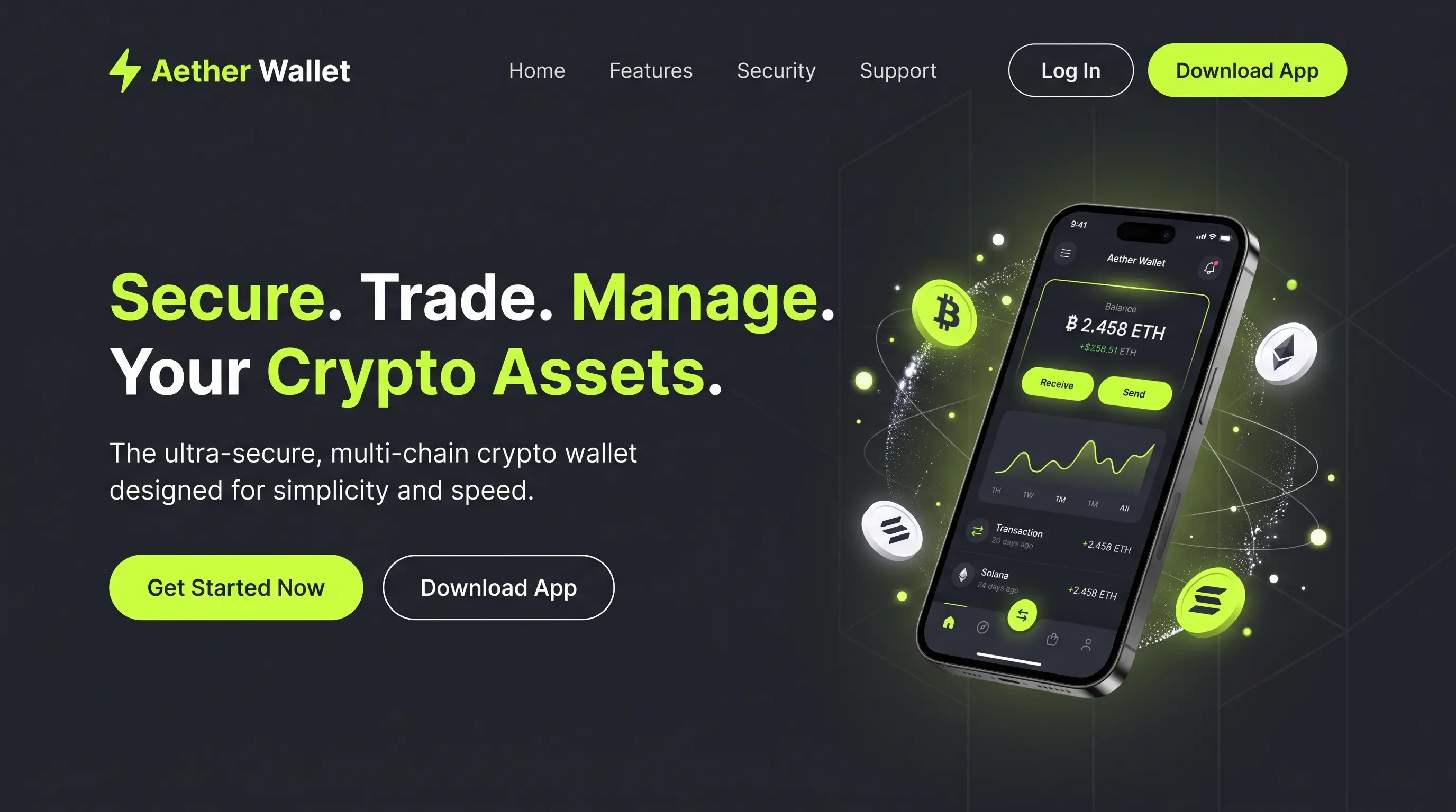 Aether Wallet hero interface with secure trade and manage message