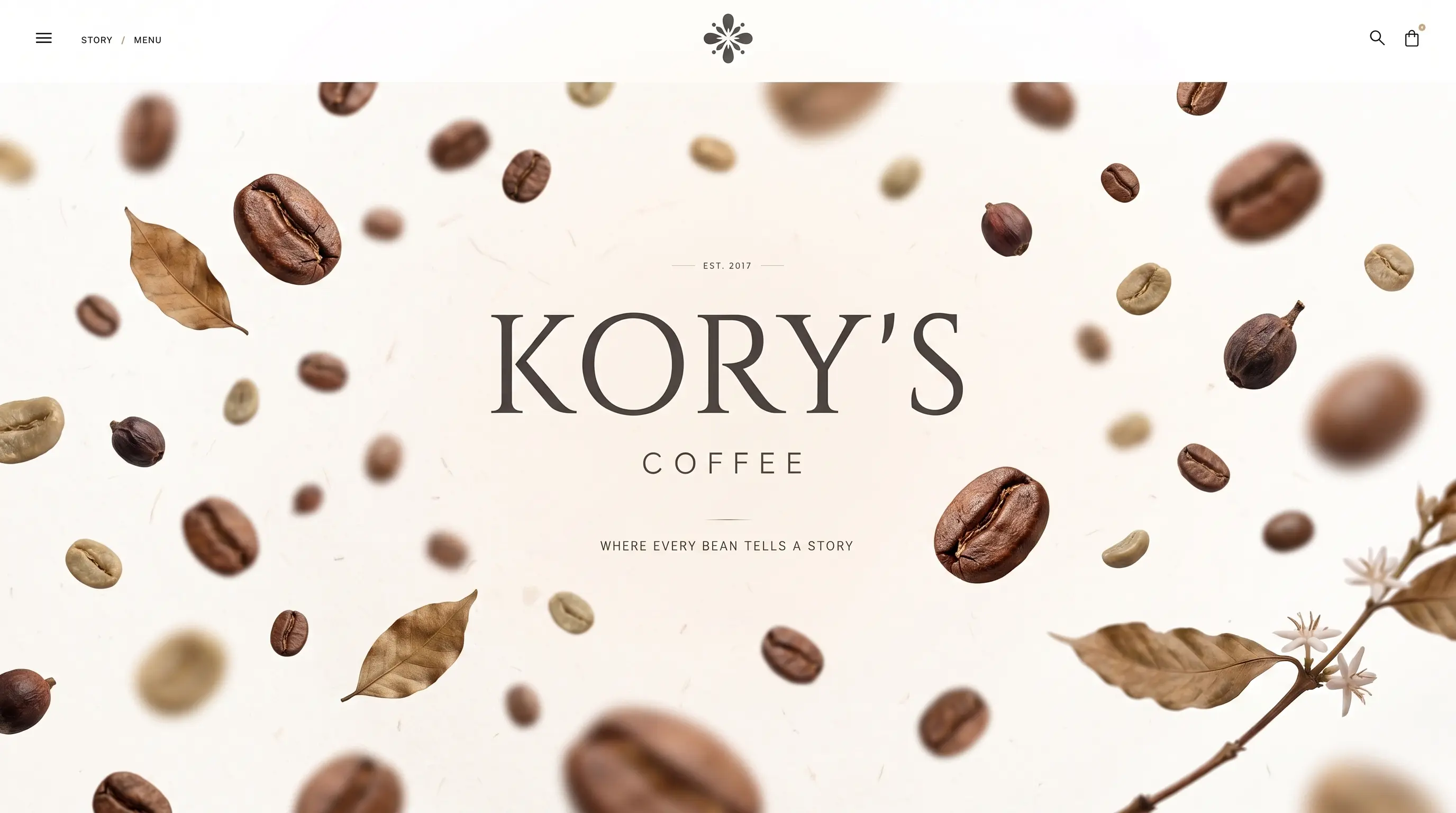 Warm coffee shop interior with a branded website preview