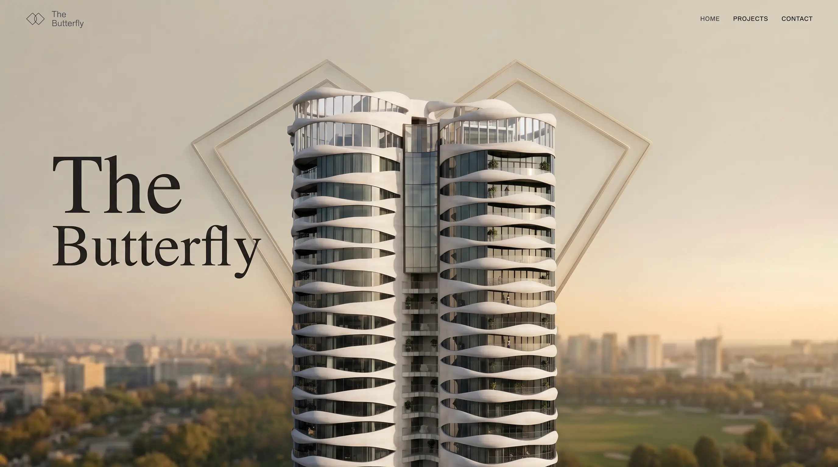 The Butterfly luxury residential development website with a warm, architectural hero image